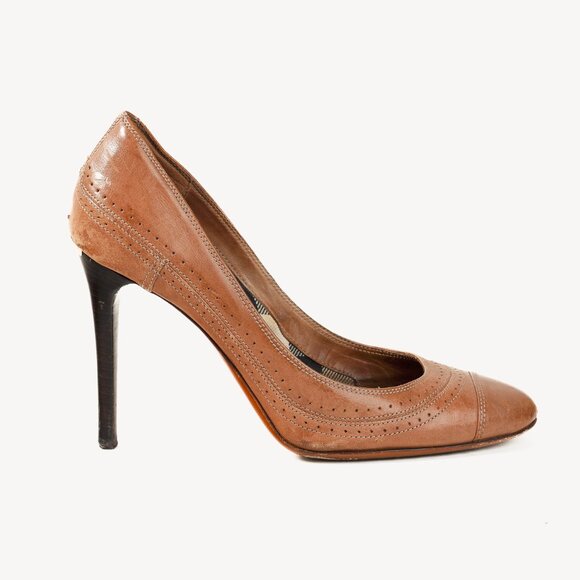 Burberry Bridle Leather Stawell 100 Taupe Brogue Pump - Picture 1 of 10